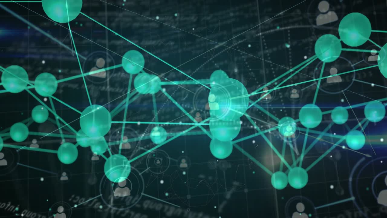 Interconnected teal node network shifting and expanding as camera pulls back to reveal connectivity