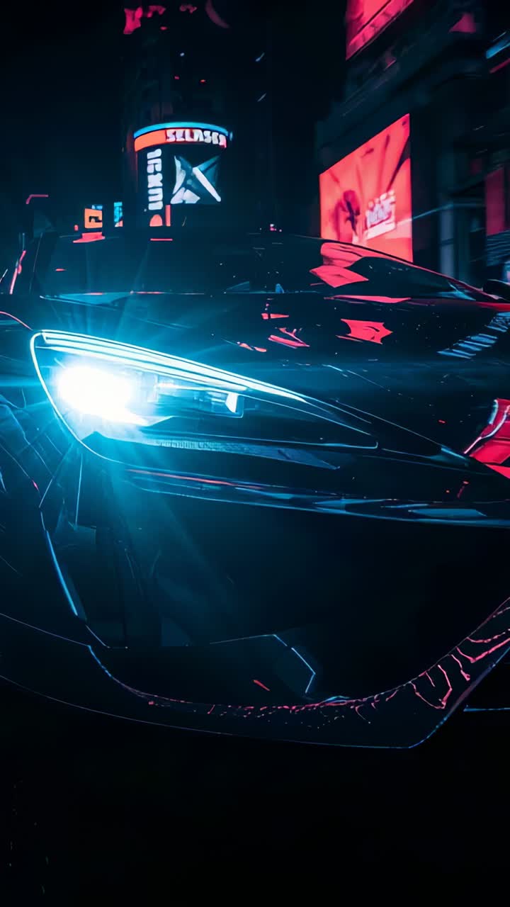 Video verticale: faro sinistro che emette un raggio ciano, ripresa che mostra la parte anteriore dell'auto di notte con l'emblema al neon