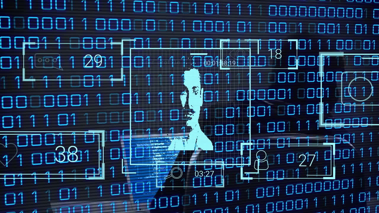 Animation of data processing and people icons over caucasian male hacker using laptop