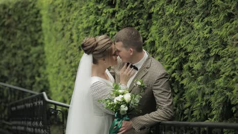 Frischvermählte.-Kaukasischer-Bräutigam-Mit-Braut-Bleibt-Auf-Treppen-Im-Park.-Hochzeitspaar.-Mann-Und-Frau-In-Der-Liebe