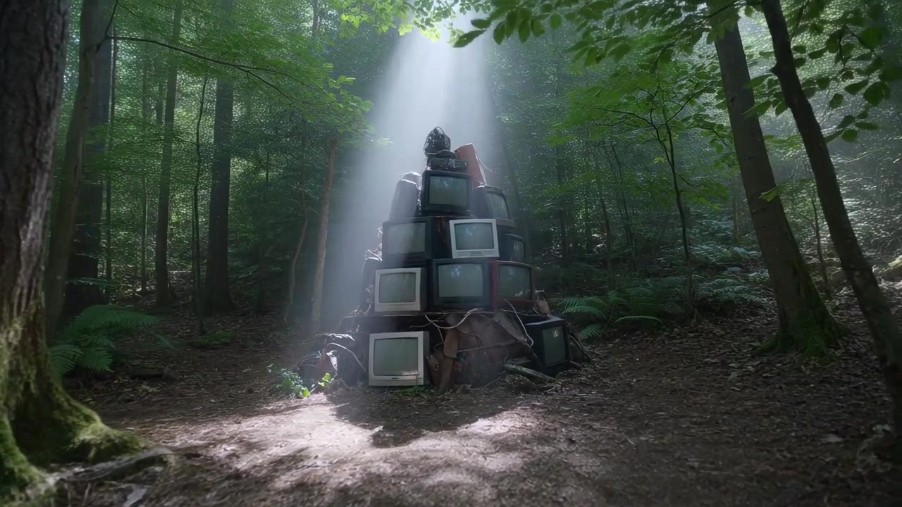 Pulling back camera revealing full pyramid stack of CRTs on stump in forest, sunlight widening
