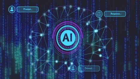 Animation of ai chat dialogue and scanner with ai brain network over processing data
