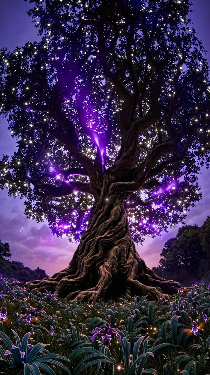 A mystical tree glowing with lights in a magical forest