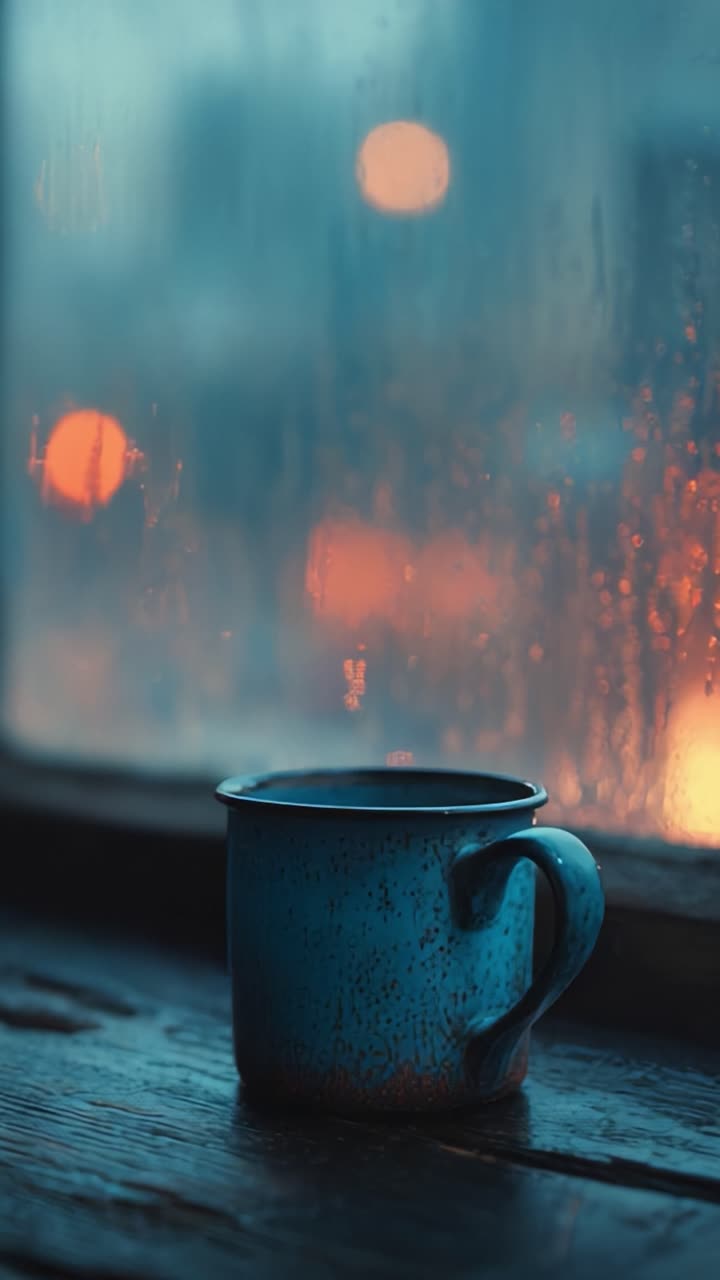 Una tazza di serenità: una tazza blu su un davanzale piovoso cattura l'anima con morbide luci bokeh sullo sfondo e un'atmosfera accogliente