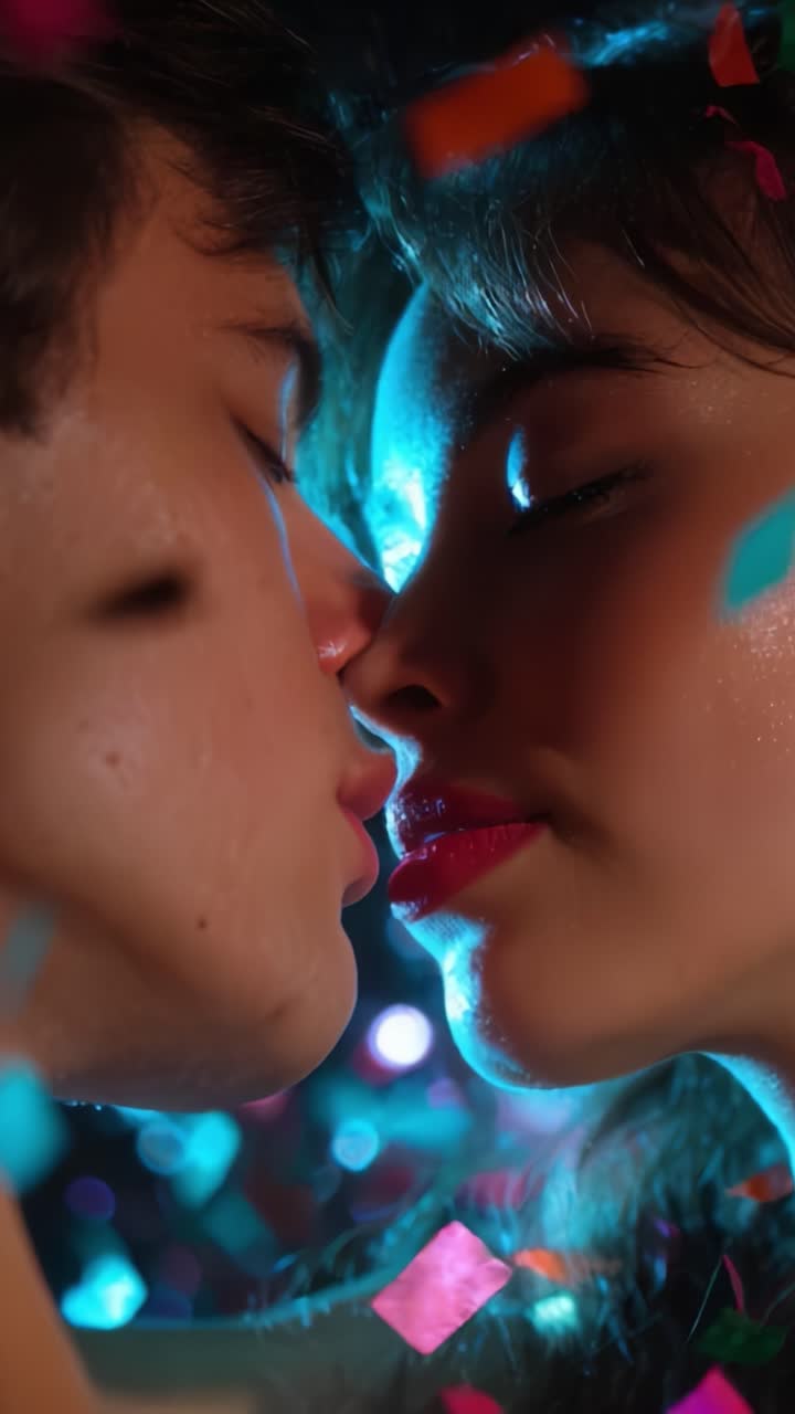 Un momento romantico tra due persone, immortalato tra coriandoli colorati e luci soffuse: un bacio intimo in una vivace atmosfera di festa
