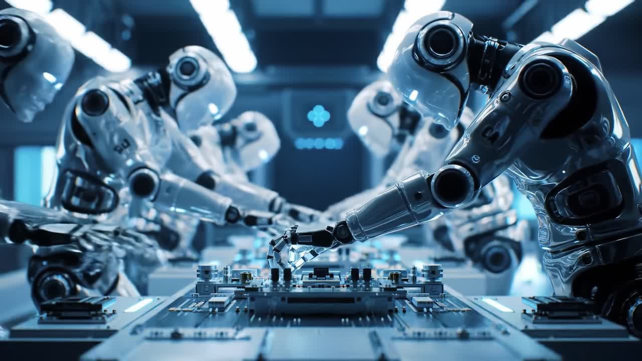 A group of humanoid robots work together to assemble complex circuits and electronic components in a high-tech laboratory setting.