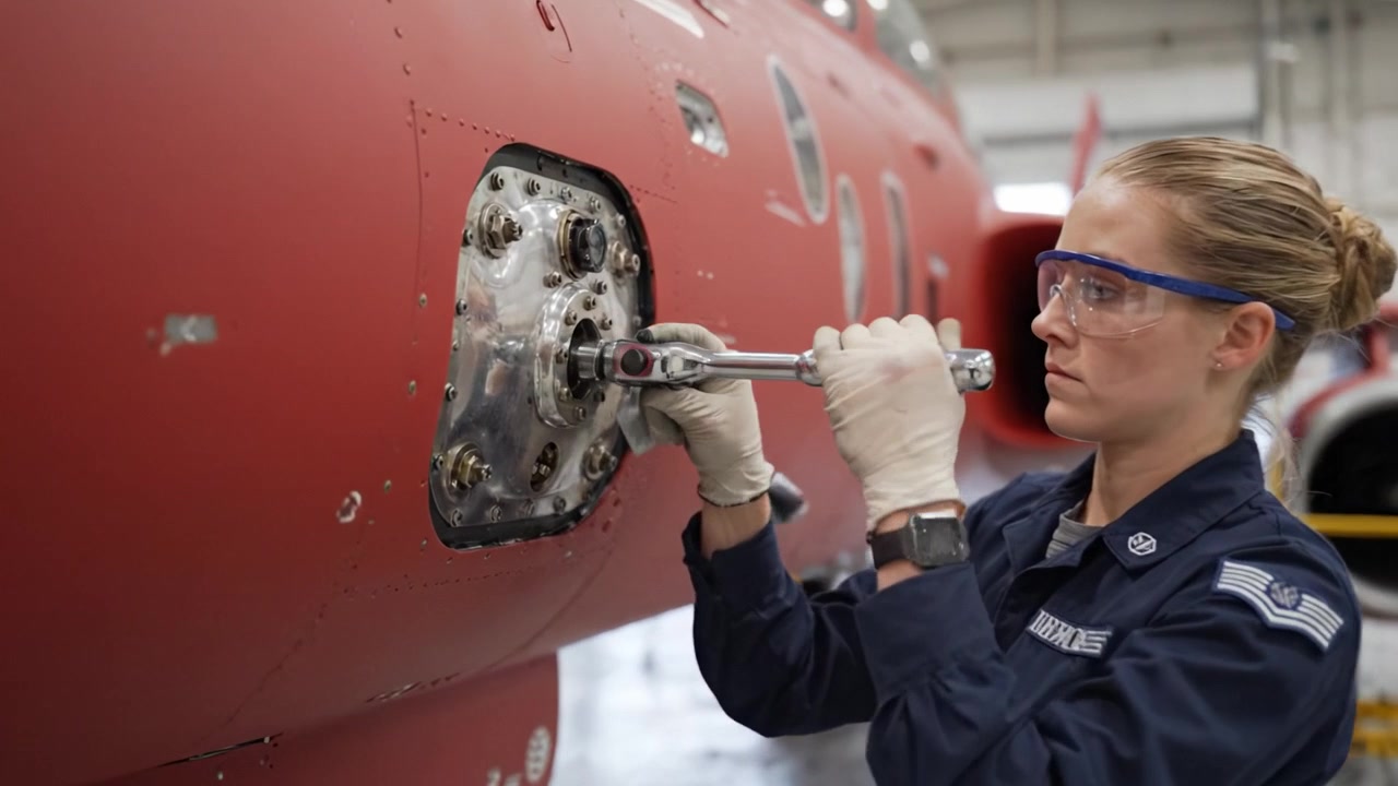 Tecnico specializzato che esegue la manutenzione su un componente di aeromobile all'interno dell'hangar, utilizzando strumenti per riparazioni di precisione e l'ispezione degli elementi strutturali