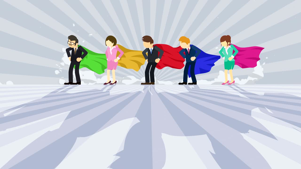 스포트라이트에 서있는 슈퍼히어로: 비즈니스 팀 우승자 상징, 팀워크 및 성공 개념, 코 루프 애니메이션