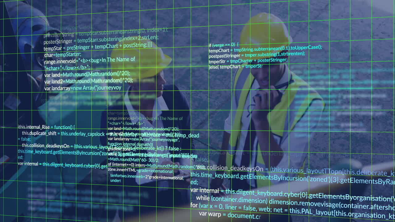 Reviewing plans, construction workers with digital animation overlay on site