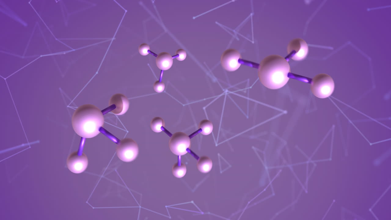 animación de moléculas y red de conexiones en fondo púrpura