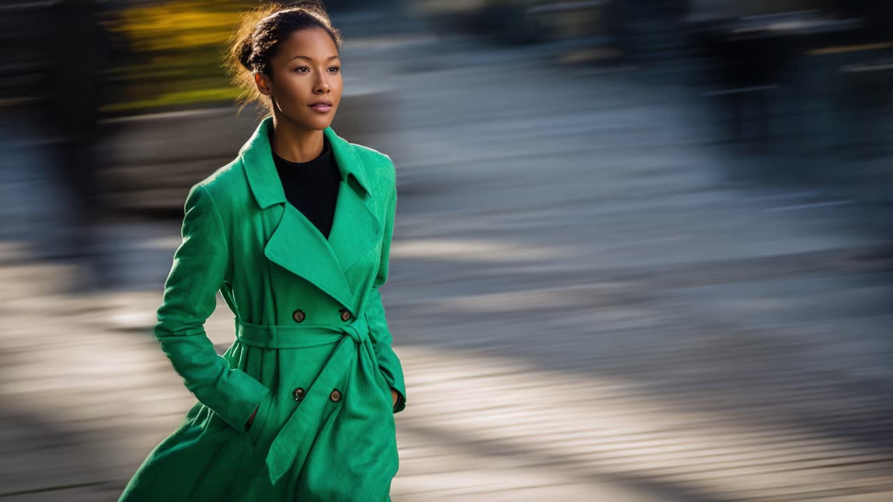 A confident woman in a vibrant green coat walking gracefully while showcasing elegance and poise amidst a dynamic urban backdrop of movement and life