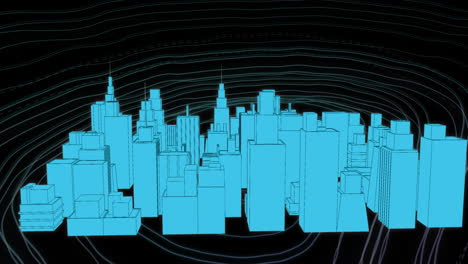 spinning 3d city model against topography on black background