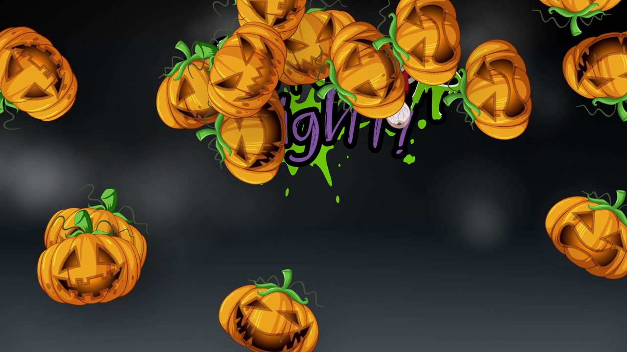 Titolo animato Notte Horror di Halloween con zucche di Halloween che cadono