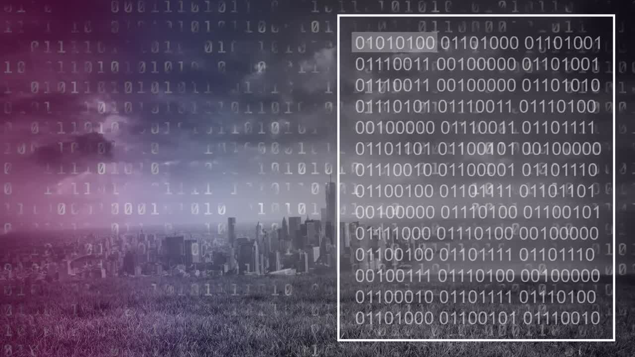 Animation of binary coding data processing over city