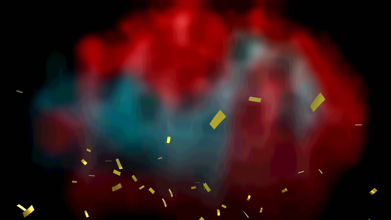Animation of gold confetti floating over red and black background