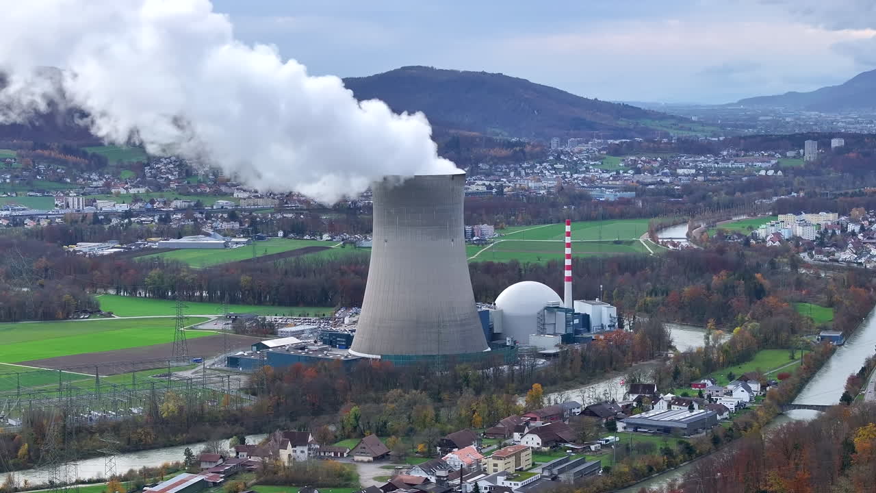 Swiss nuclear power plant G&ouml;sgen with high voltage relay station to its side