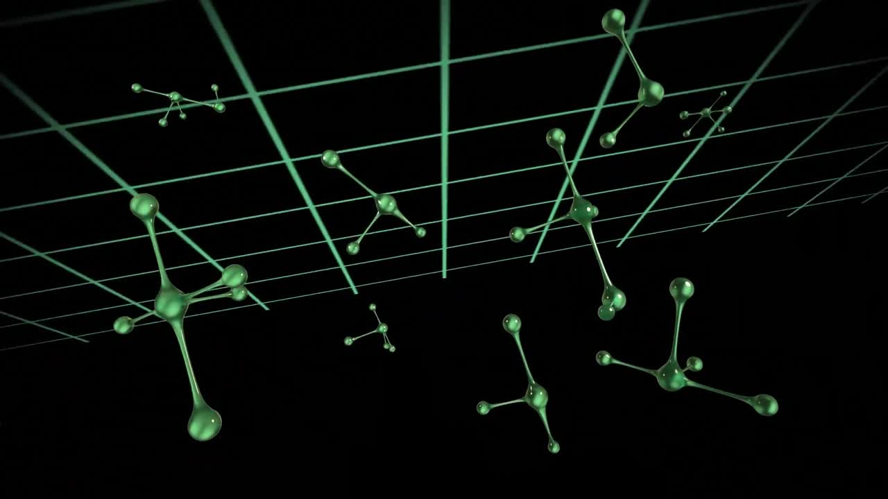 검은 바탕 위에 그리드에 떨어지는 분자의 애니메이션