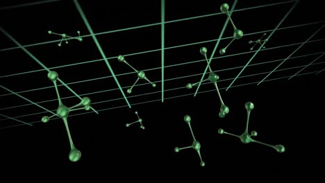 Animation-of-falling-molecules-on-grid-over-black-background