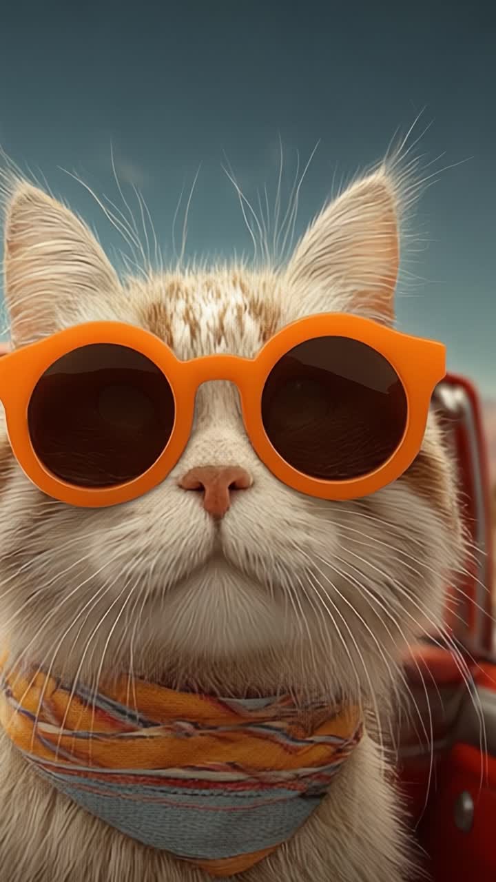 Seekor Kucing Keren Mengenakan Kacamata Hitam Oranye dan Syal Berwarna-warni Berpose Penuh Gaya dengan Latar Langit Cerah dan Latar Belakang Penuh Warna