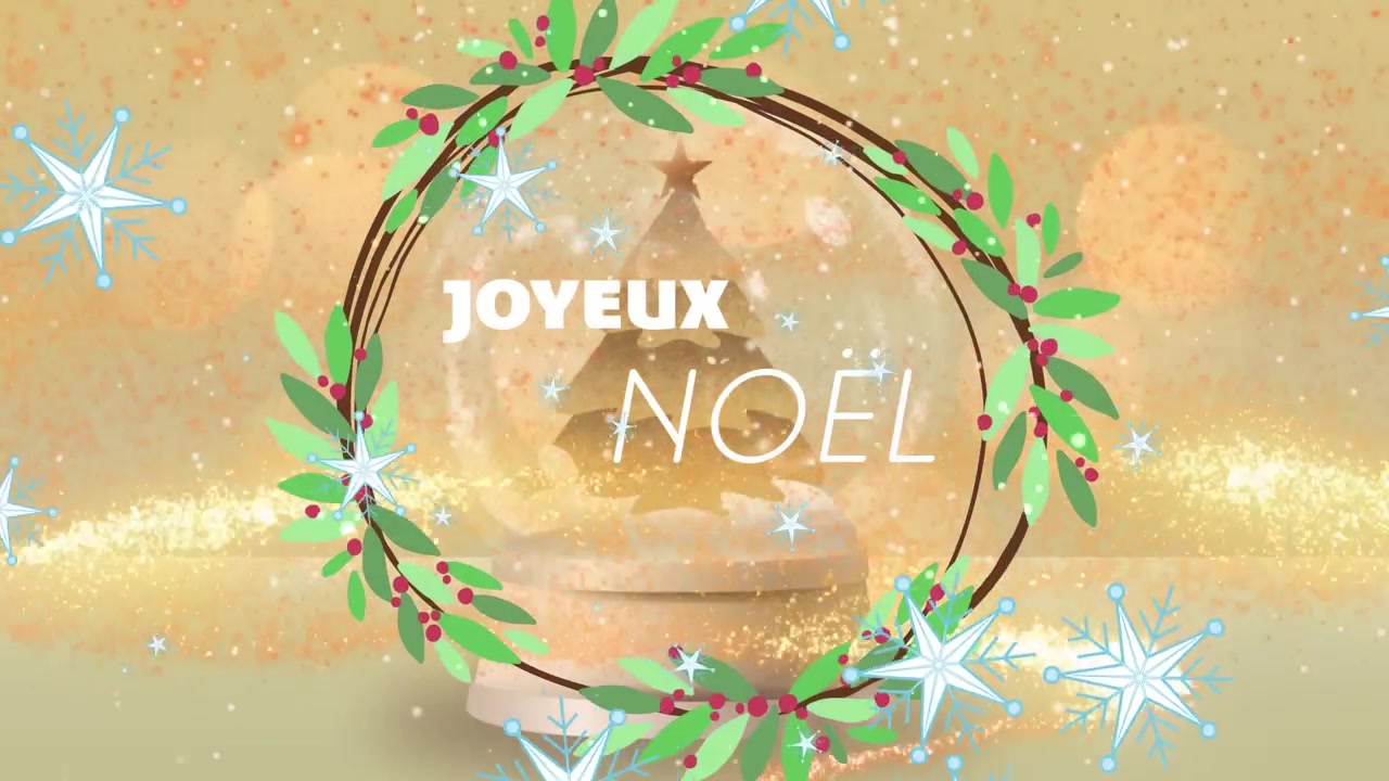 Animation de flocons de neige et d'une couronne décorative sur une bannière de texte « Joyeux Noël » et une boule à neige.