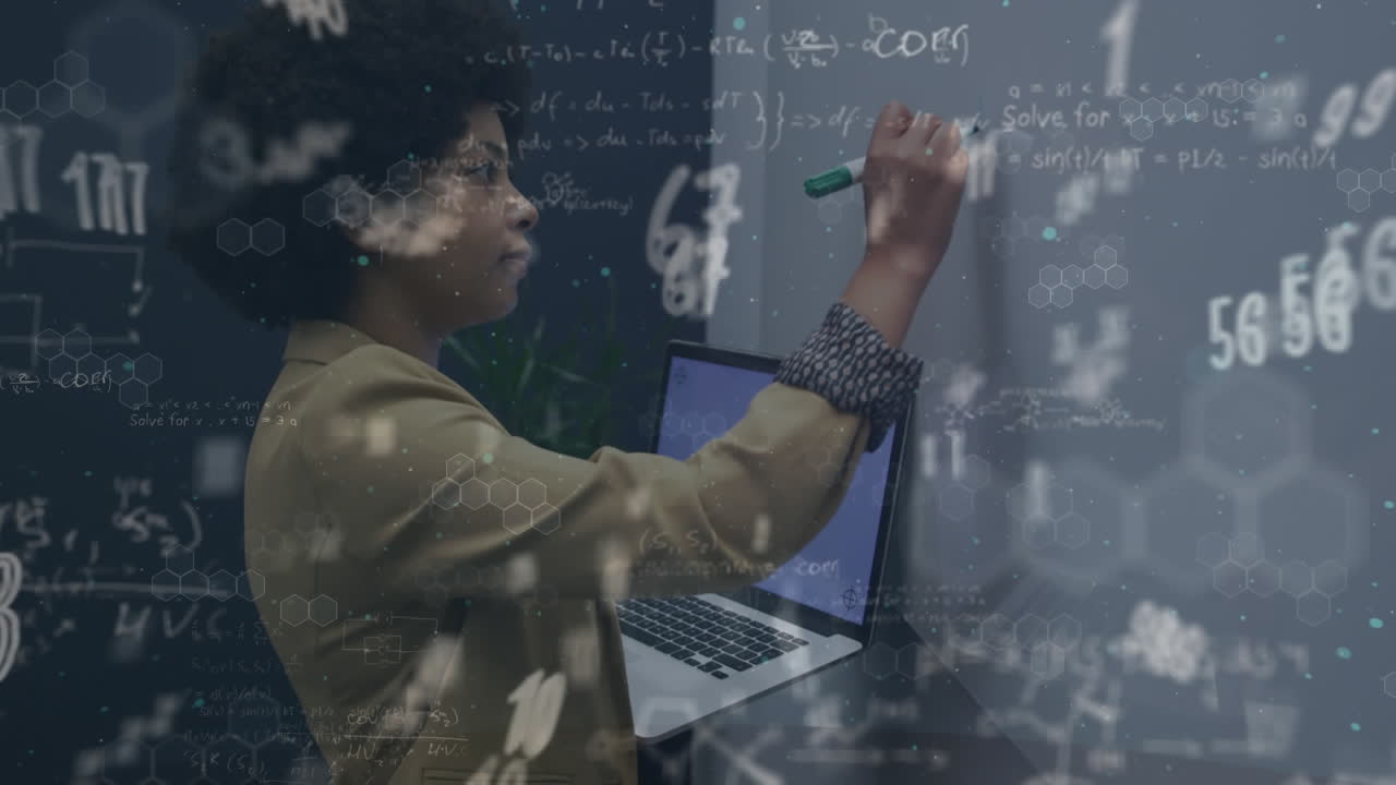 Animation of mathematical equations over african american businesswoman taking notes