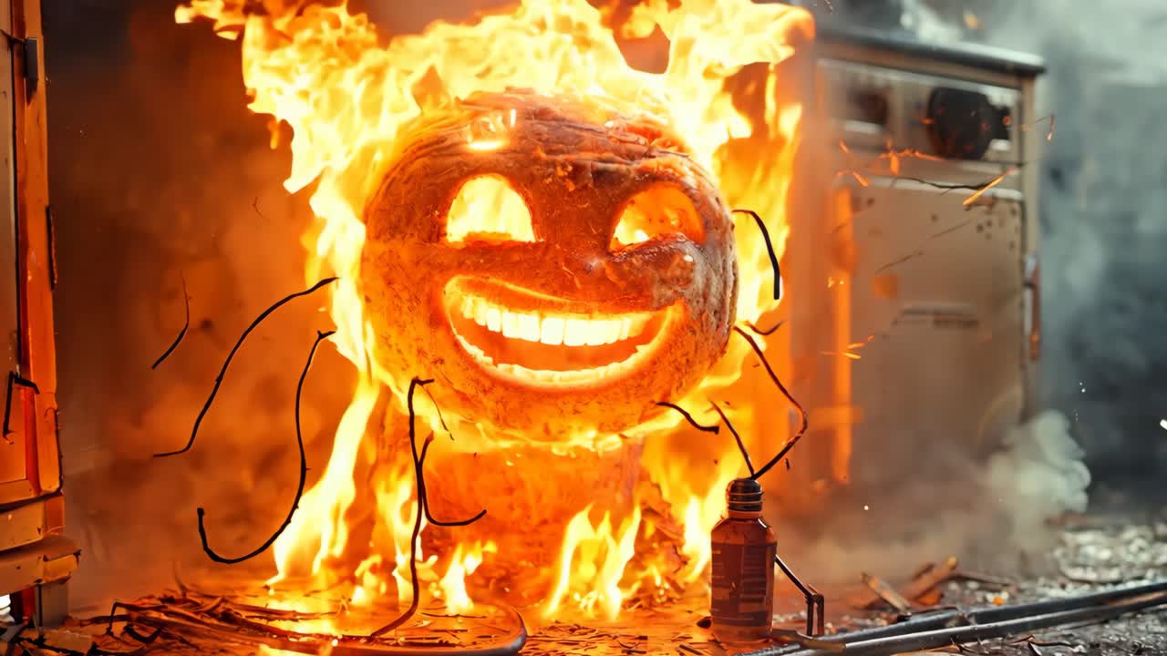 A cartoonish face with a big smile is surrounded by fire. The fire is orange and yellow, and it is glowing brightly. Scene is playful and lighthearted, as the fire seems to be having a good time