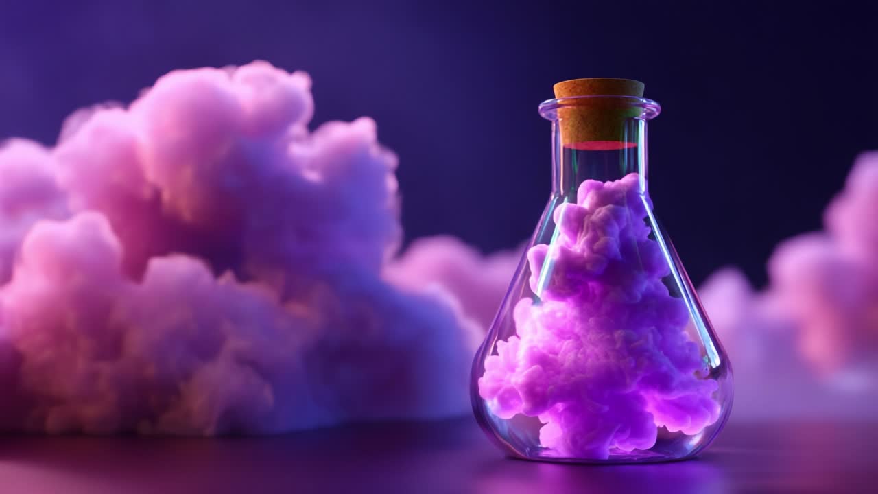An Enigmatic Glass Flask Holding Vibrant Purple Vapor Surrounded by Ethereal Clouds in a Mysterious Setting, Signifying Experimentation and the Wonders of Science in a Captivating Visual Display