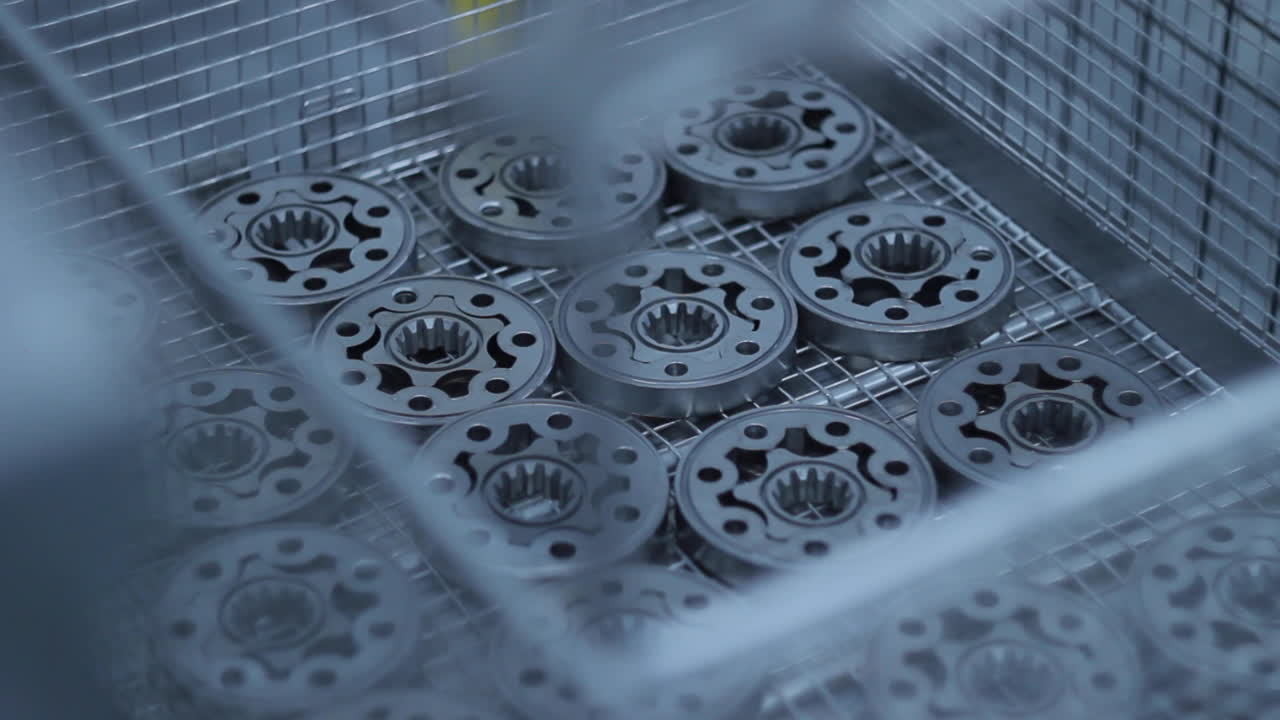 fabricación de piezas metálicas en la fábrica. lote de bridas en el transportador de producción