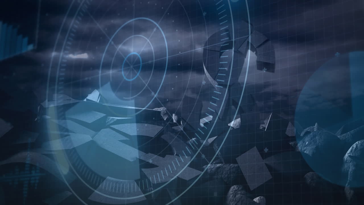 Futuristic radar interface animation over abstract geometric shapes and dark sky