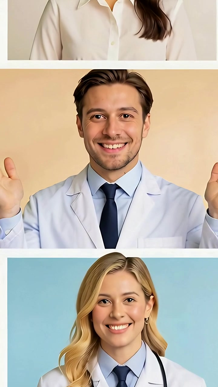Vertical video: Panning camera centering doctor smiling and gesturing on collage with lab coat