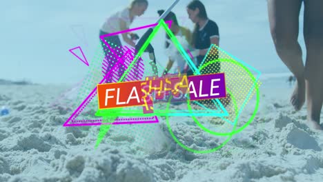 animación de texto de venta flash sobre diversos voluntarios limpiando la playa.