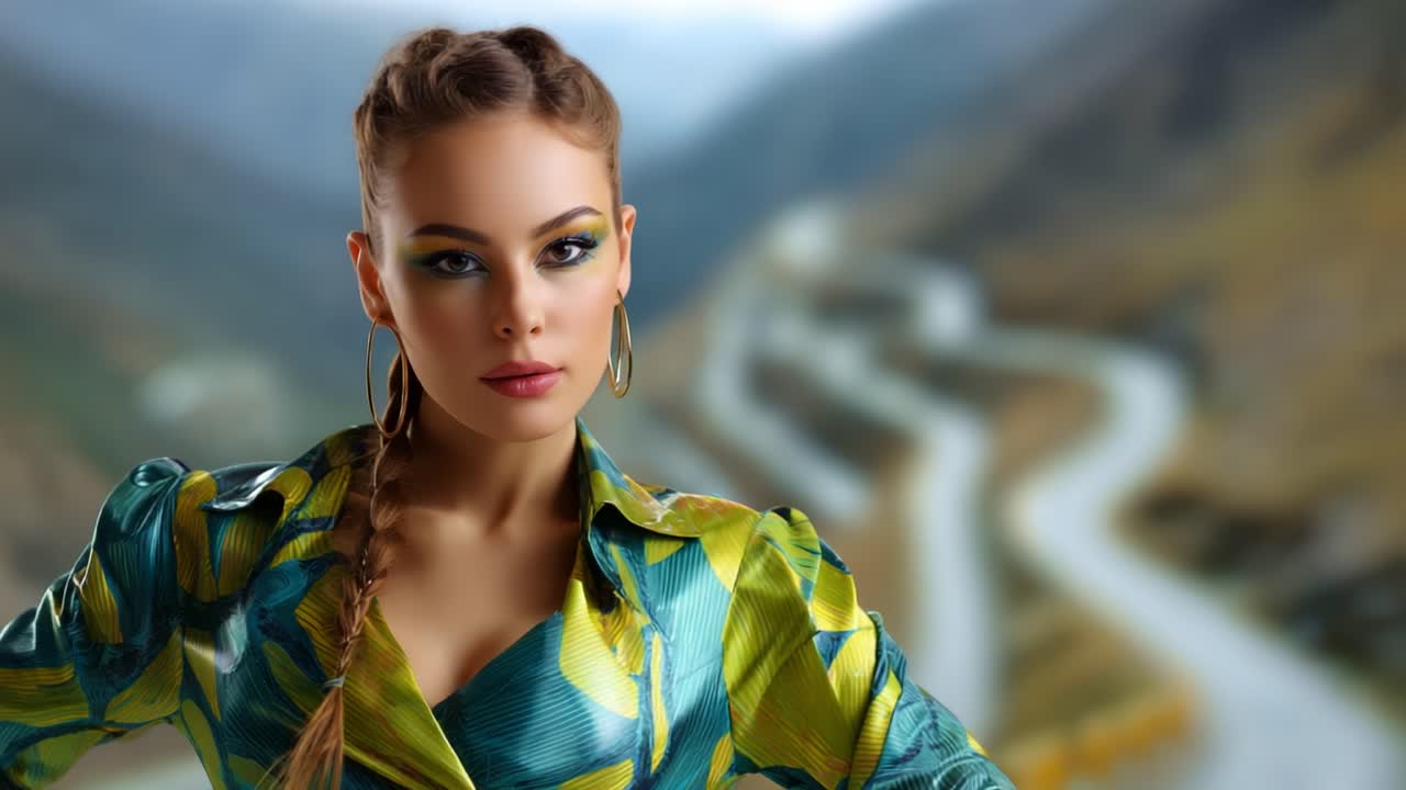 Stylish Woman in Colorful Outfit Poses Confidently Against Scenic Background Featuring Winding Road in Nature's Beautiful Landscape