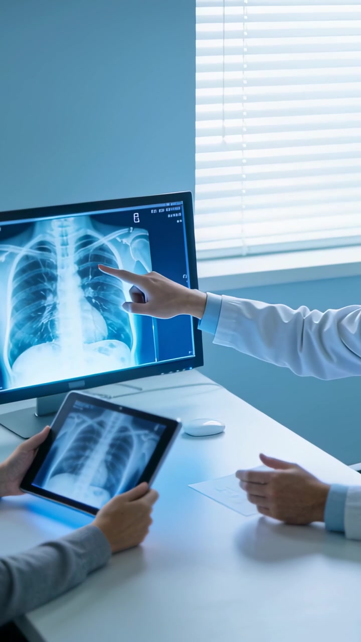 Vertical video: Dr pointing in white coat at chest Xray on clinic screen, tablet tapping reviewing