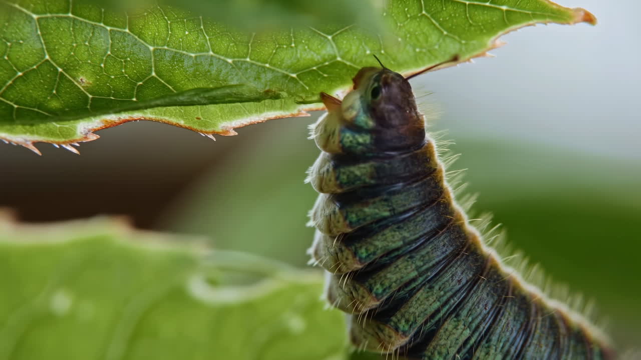 Primo piano di un bruco che mangia il bordo di una foglia, larva verde vivido che mastica una venatura con l'azione visibile delle mandibole, testurizzato