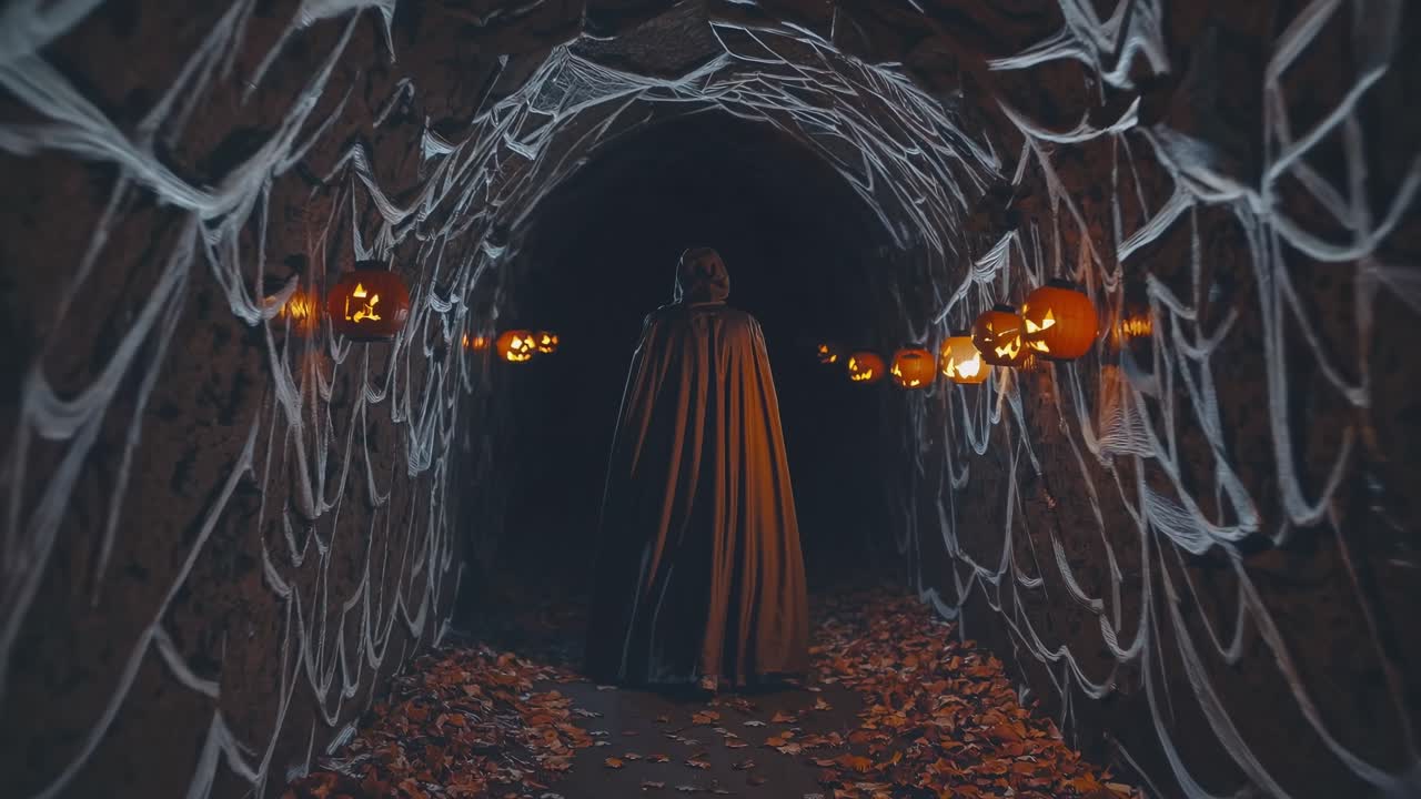 Mysterious figure in a dark tunnel adorned with glowing pumpkins and cobwebs, walking through a captivating Halloween scene filled with autumn leaves
