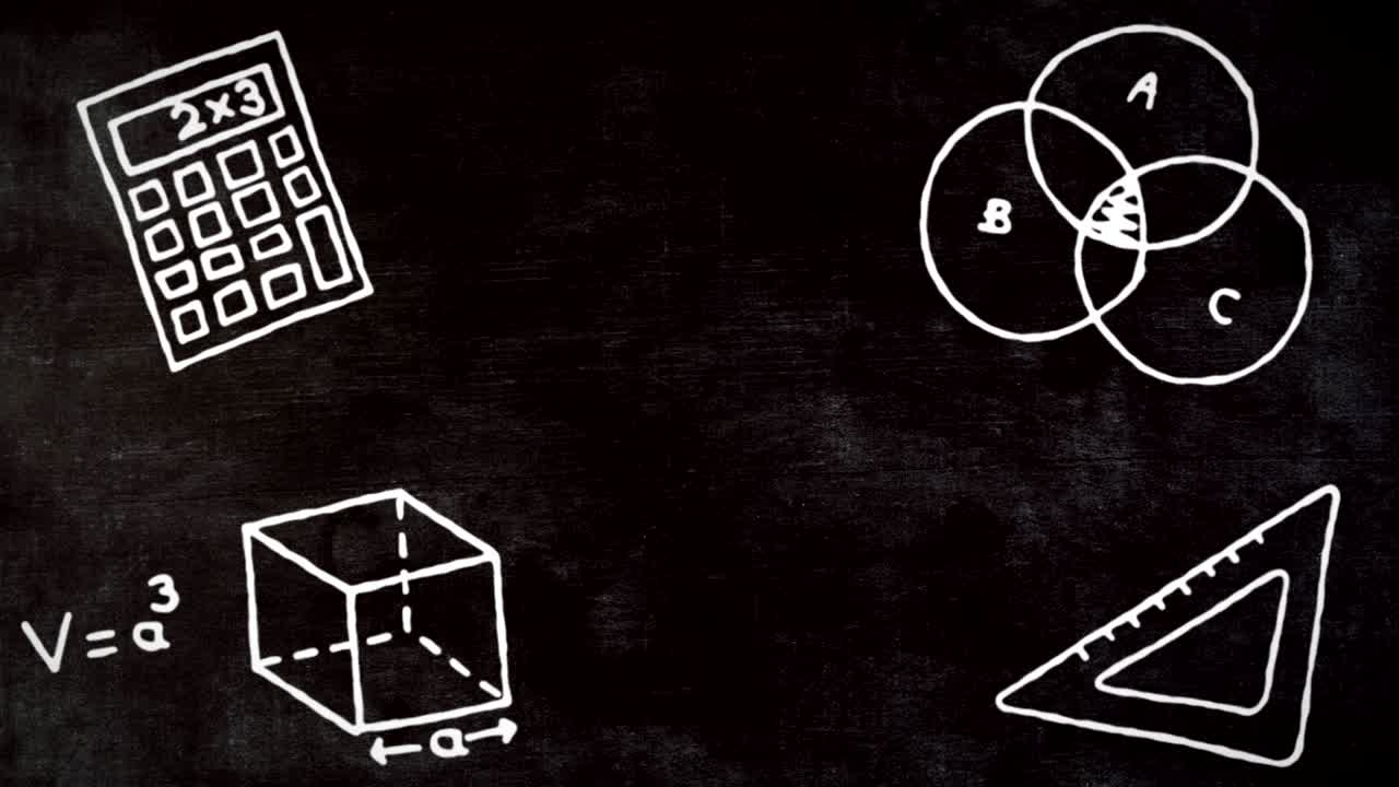 검은 바탕에 여러 개의  ⁇ 색 수학 픽토그램의 애니메이션