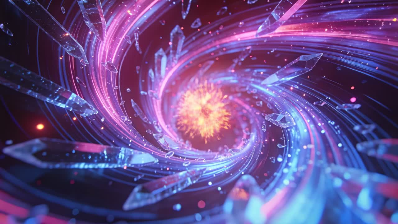 Spirale al neon che si forma, si stringe e ruota in un tunnel 3D, inviando nastri o frammenti magenta e ciano, attirando.