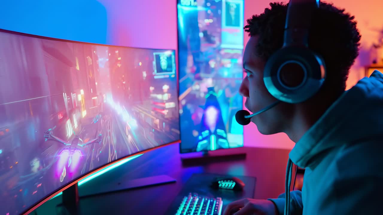 Angolazione laterale di un giocatore concentrato su un videogioco, con luci al neon e doppi monitor