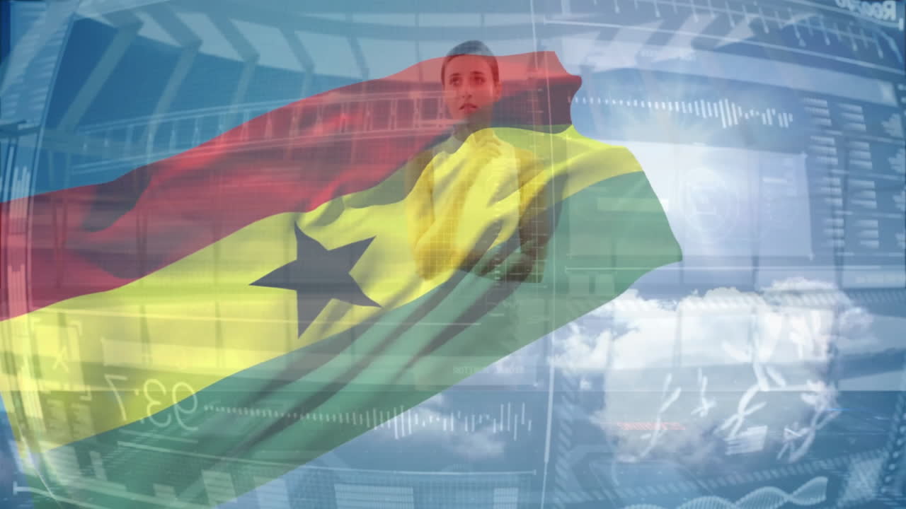 Waving Ghana flag over digital animation with thoughtful person in background