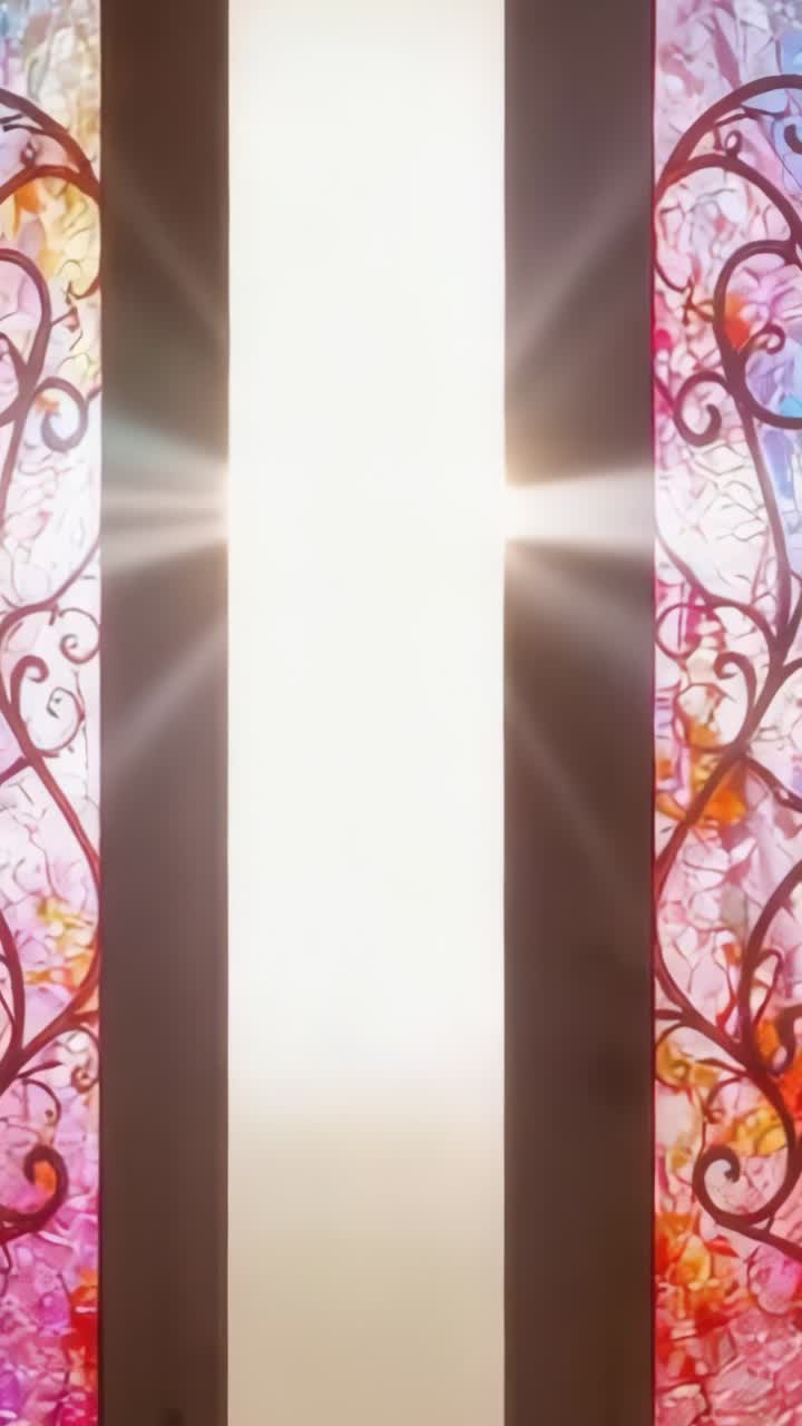 Vertical video: Swinging ajar door opening, flooding foyer with sunlight, stained glass sidelights