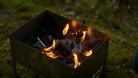 burning coals inside chargrill at nature slow motion shot of moving flame picnic and camping