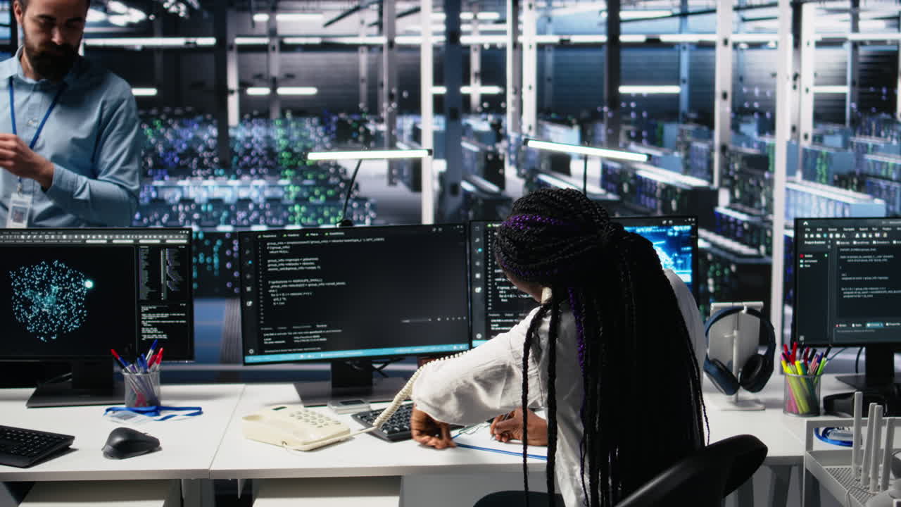 Data Center Admin Receiving Phone Call, Using Ai Assistant For Tech Support