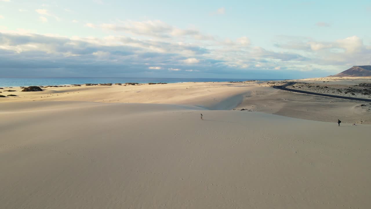 volando sobre dunas de arena, desierto junto al océano con un dron
