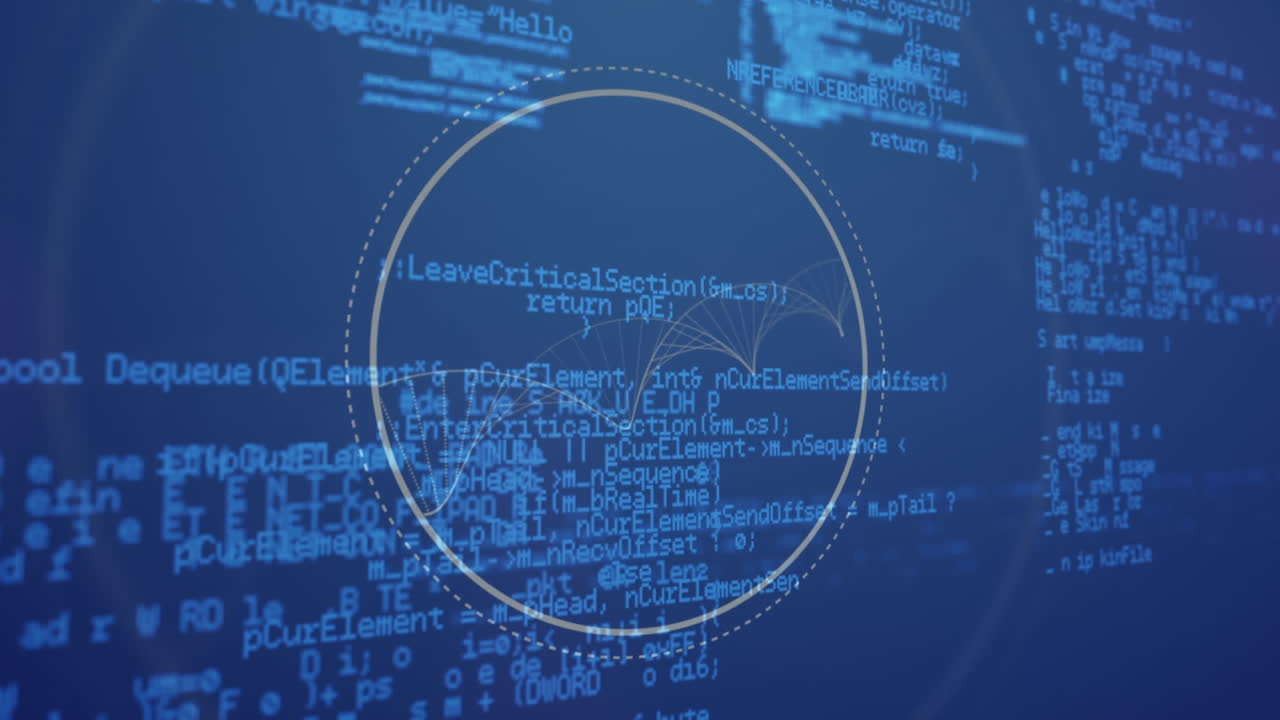 Animation of circular scanner and particles forming helix over processing data on blue background