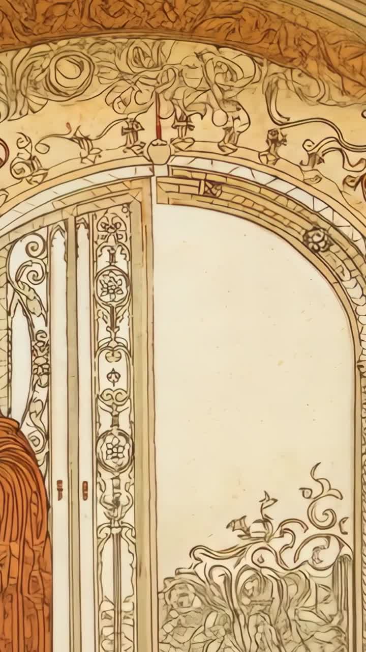 Vertical video: Initial camera pan capturing carved archway in cathedral, showing frieze scrollwork