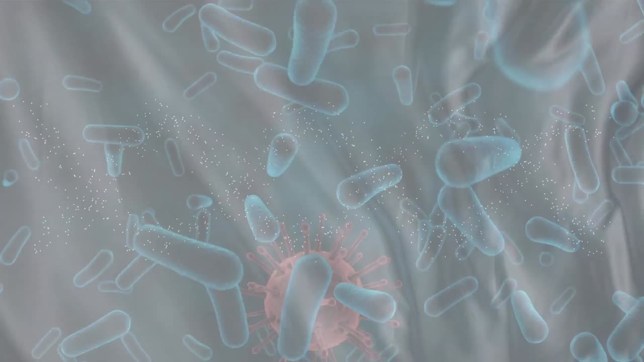animación de microbios y células de virus sobre un fondo gris