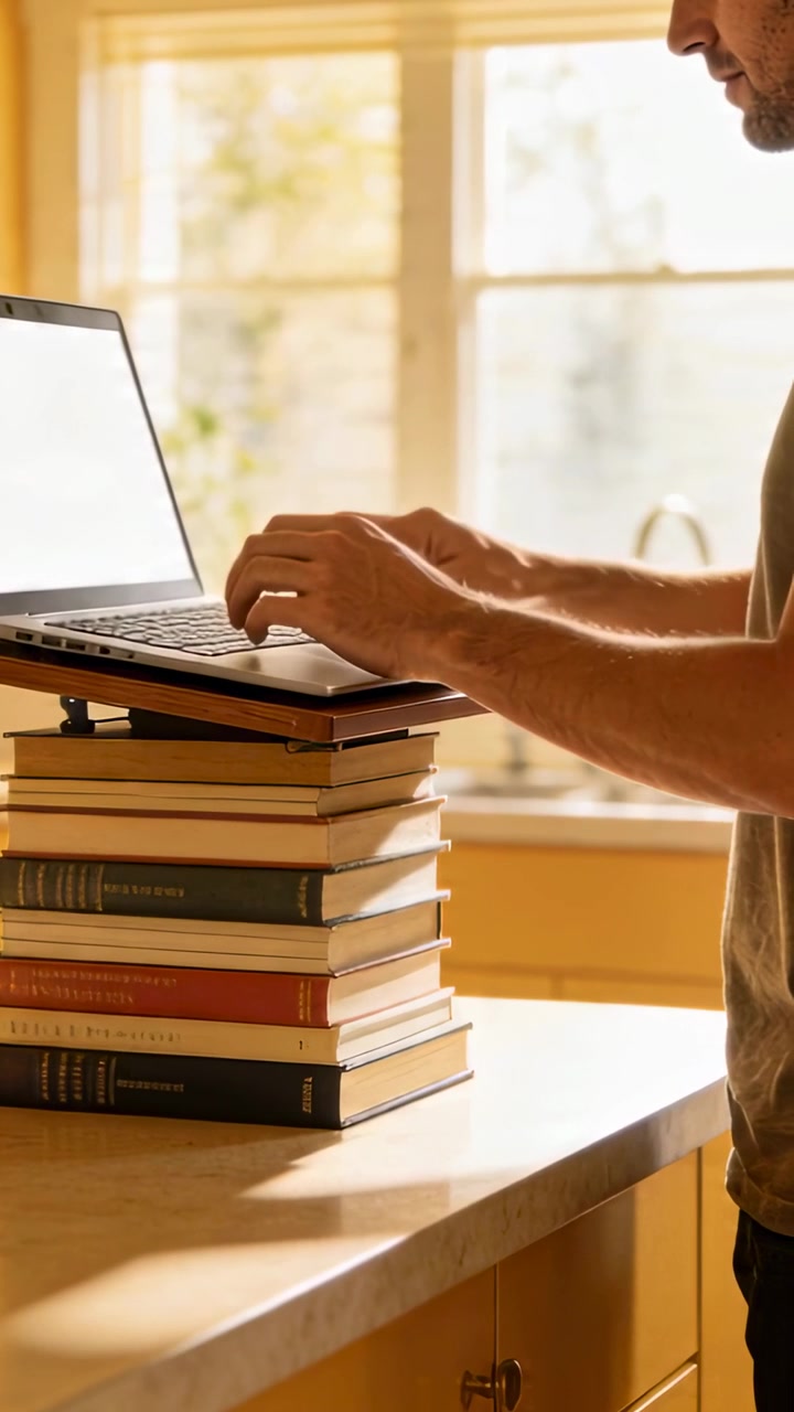 Video verticale: Uomo in maglietta che digita su un laptop appoggiato su libri in cucina per lavoro, con spazio per il testo