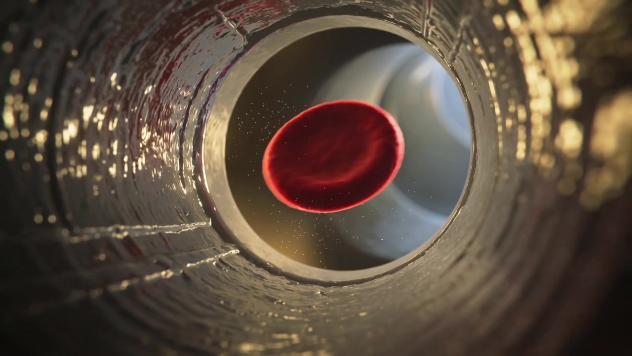 Globule rouge en mouvement transporté par le flux plasmatique vers la caméra dans une lumière étroite, tournant avec des particules.