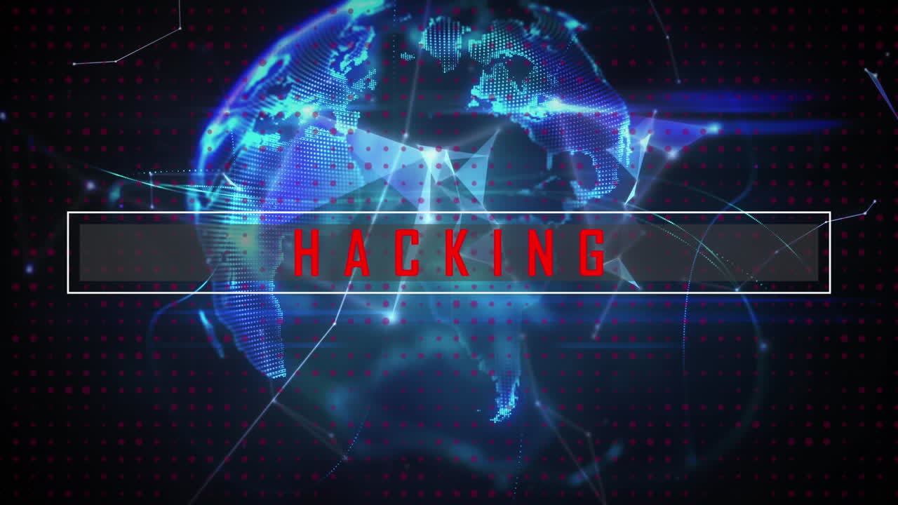 Animation of network of connections and digital interface and hacking text over dark background