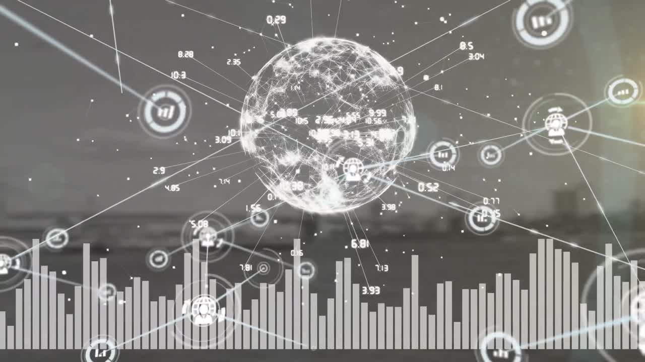 animación de la red de conexiones y globo sobre la ciudad